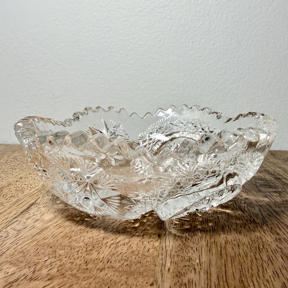Vintage Cut Crystal Glass Dessert Bowl Compote Dish Starburst Pattern